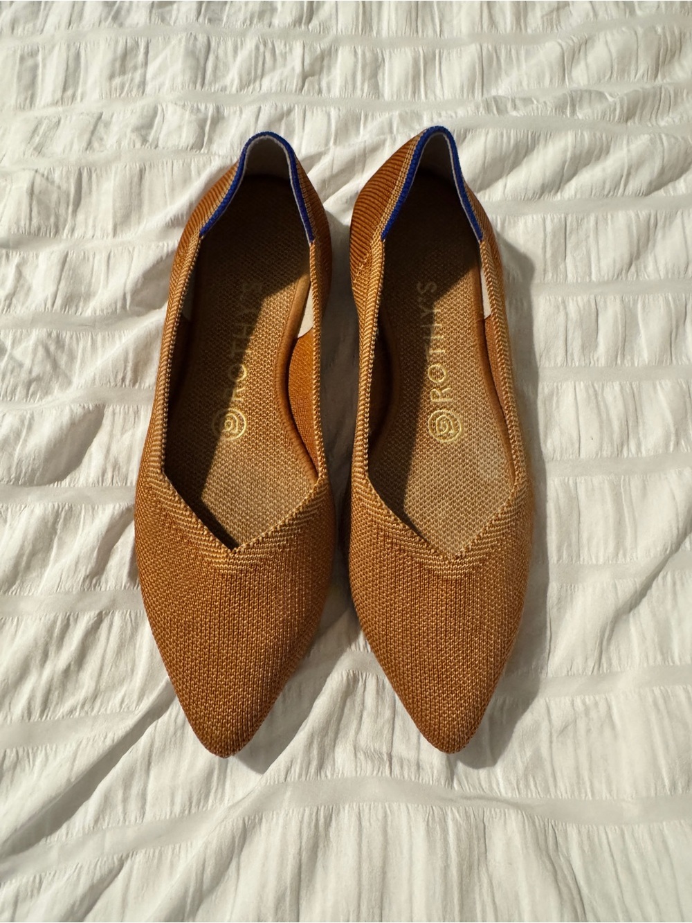 Rothy's Point Flats in Fawn- Brown with Blue Trim EUC